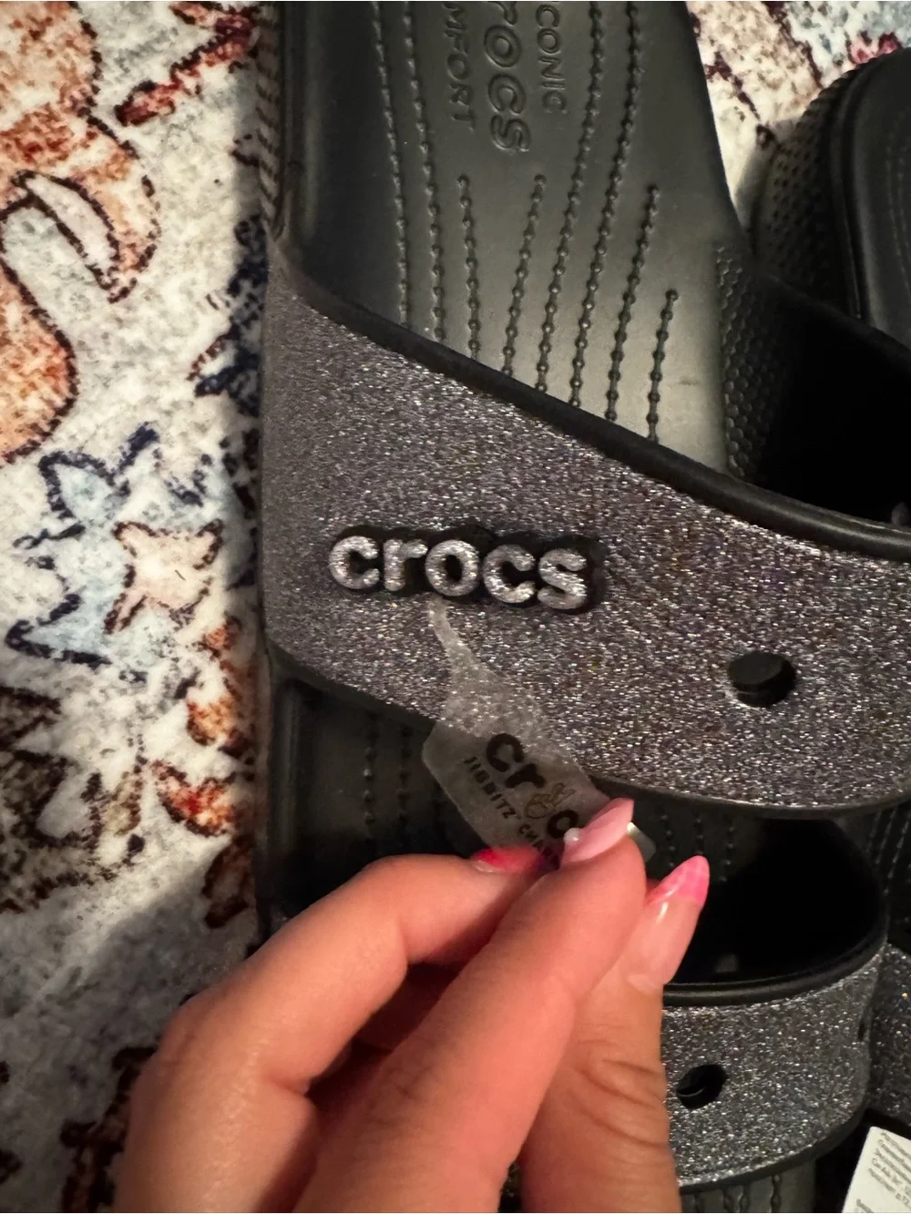 Crocs Men Black Glitter Double-Strap Slide Sandals - Picture 2 of 3